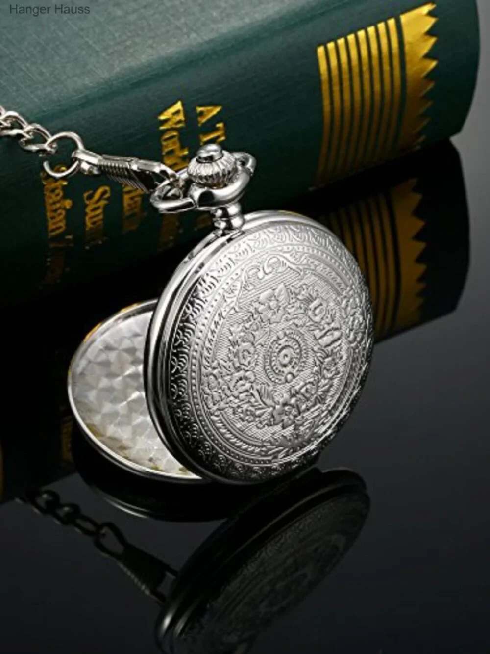Men's Quartz Pocket Watch with Black Dial, Chain, Gift Box